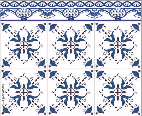 Ceramic tiles with decorative strip. Hydraulic ceramics. Digital design. Portuguese floral decorative ornament.