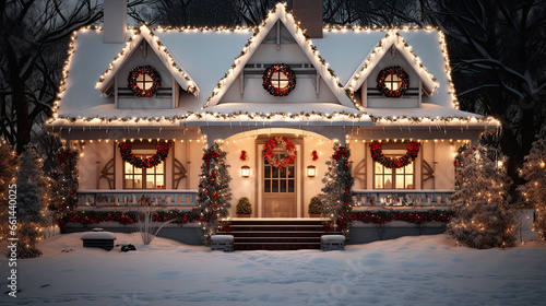House decorated with garland lights for the holidays. Merry christmas and happy new year concept.