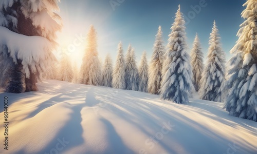 Sunny winter forest with fir trees © karandaev