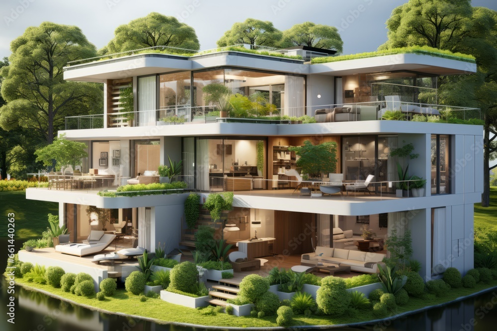 Picture of Sustainable modern home's cross-section with eco-friendly features like ...