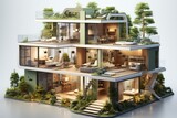 Sustainable modern home's cross-section with eco-friendly features like solar panels, rainwater harvesting, and green walls, Generative AI
