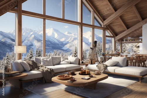Modern mountain retreat's cross-section with a cozy fireplace, wooden beams, and large windows framing picturesque mountain views, Generative AI