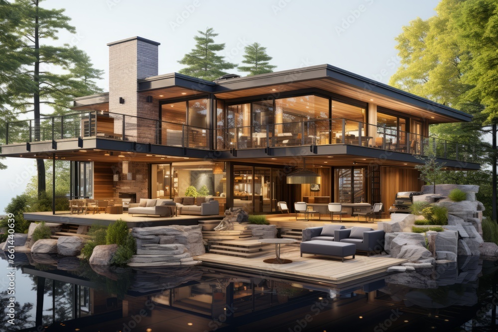 Modern lakeside cottage's cross-section with a cozy fireplace, a screened-in porch, and rustic decor in a serene lakeside setting, Generative AI