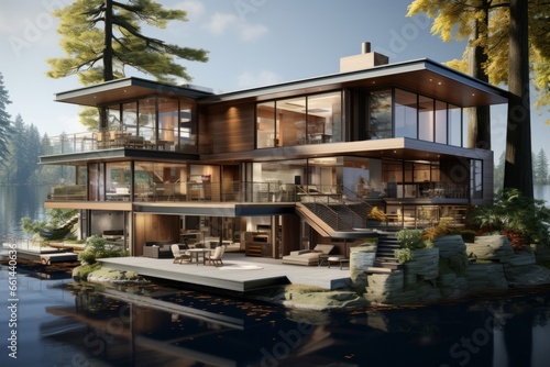 Modern lakeside home's cross-section with a spacious deck, boat dock, and a glass-walled living area overlooking the lake, Generative AI  © Box Milk