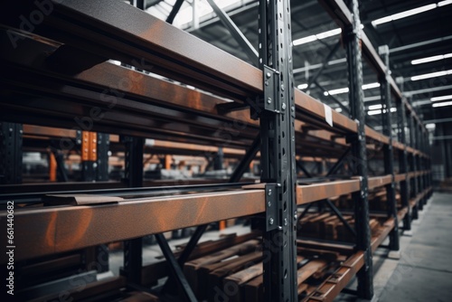A warehouse filled with lots of wooden shelves. This versatile image can be used to represent storage, organization, inventory management, or logistics.