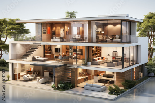 Modern home's cross-section with an open-concept living area, showcasing a spacious kitchen, dining room, and living room, Generative AI