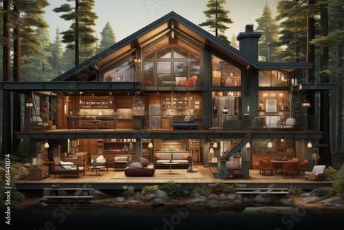 Modern cabin in the woods cross-section with a rustic interior, log beams, and a stone fireplace in a forested setting, Generative AI