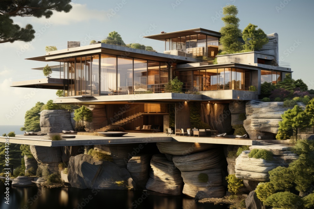 Modern cliffside home's cross-section with cantilevered architecture, breathtaking cliff views, and a suspended swimming pool, Generative AI