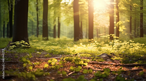 Springtime forest with setting sun shining through leaves and branches. Nature, forestry, habitat, environment and sustainability concepts