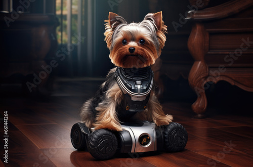 Yorkshire terrier sitting on a car toy photo