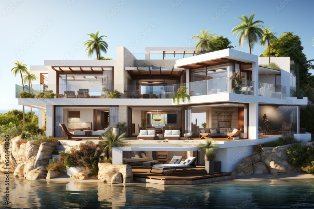 Fototapeta premium Modern coastal villa's cross-section with coastal decor, nautical accents, and a beachfront location, Generative AI