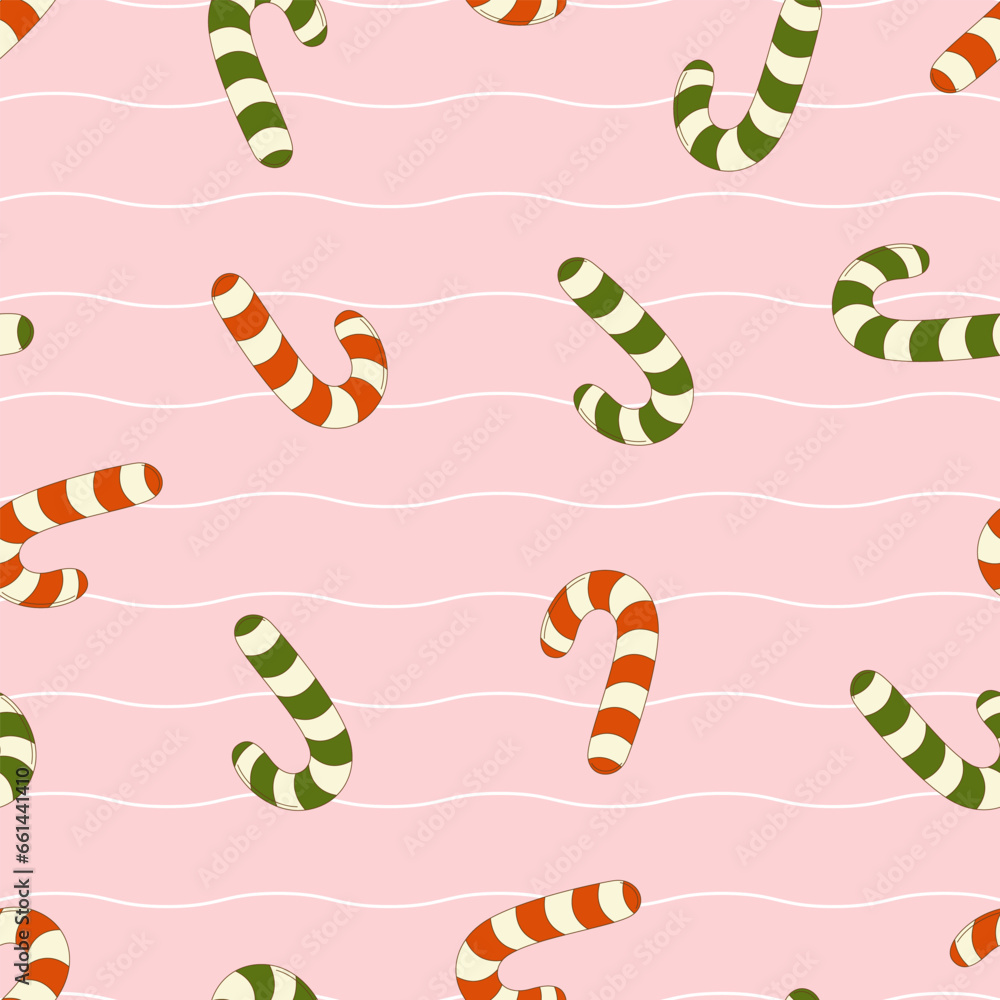 Seamless pattern of groovy candy cane in retro style on a pink background. Vector illustration for design, textiles, wrapping paper, cards. Seamless pattern of groovy candy cane in retro style on a pink background. Vector illustration for design, textiles, wrapping paper, cards.
