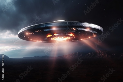 a space saucer or commonly known as a UFO that is floating in the dark night clouds