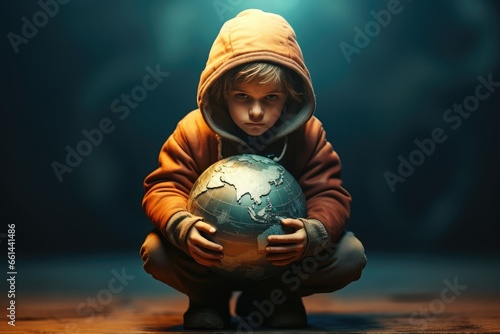 Children hold the future  a little sad kid carrying the world