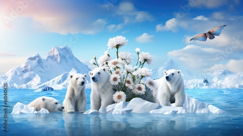 Illustration of four white bears on the last iceberg covered with white flowers symbolizing danger of global warming and climate change awareness for species endangered in environmental crisis © Wendy2001