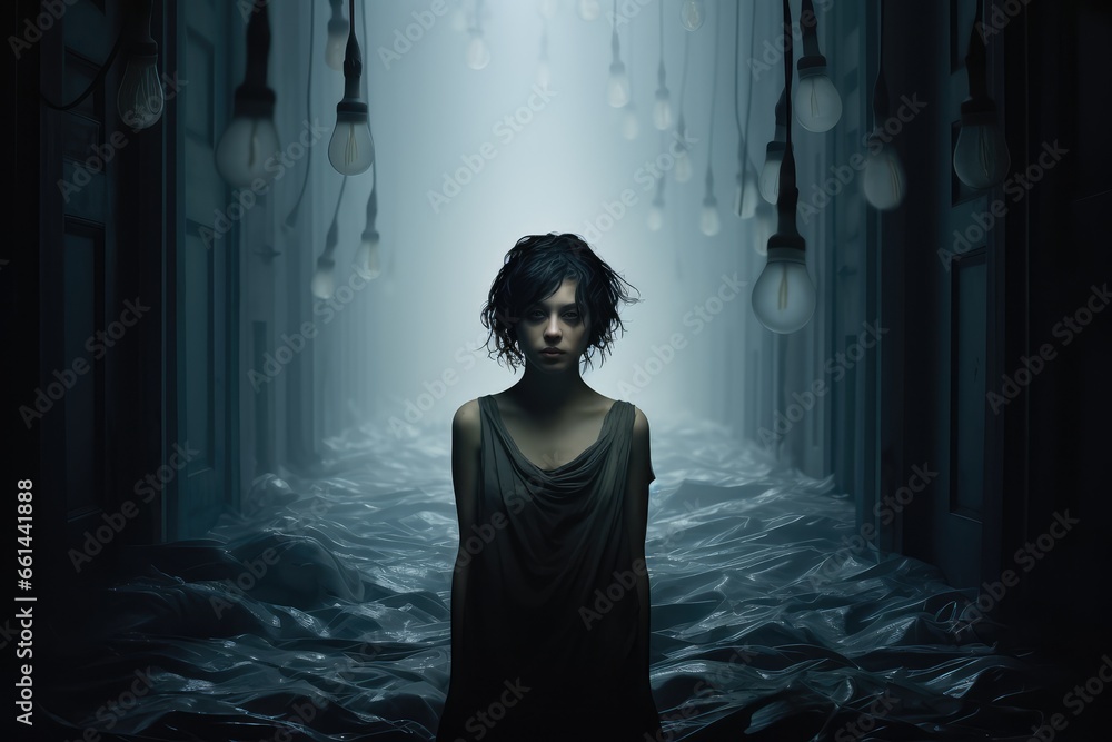 Woman sitting on the floor in a dark room with off light bulbs. Girl in ...
