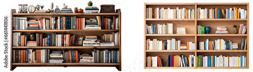set of wooden book shelve with alot of books in it