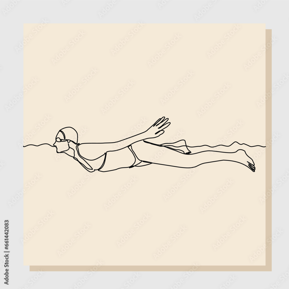 Continuous single line sketch drawing art of swimming athlete man dive ...
