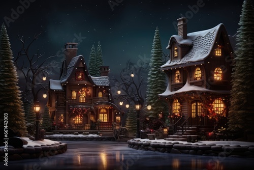 Christmas and New Year holidays background. Winter landscape with cozy wooden houses and trees at night.