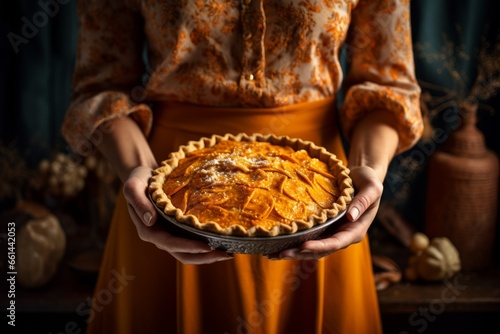 Woman in old fashioned dress holding American Pumpkin Pie photo