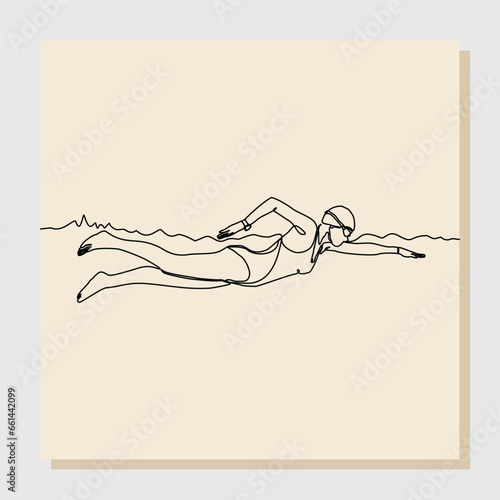 Continuous single line sketch drawing art of swimming athlete man dive swim on the pool. Vector illustration one line of healthy sport lifestyle