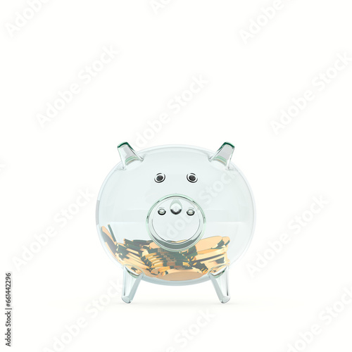 Glass pig piggy bank with a set of gold coins, 3D render.