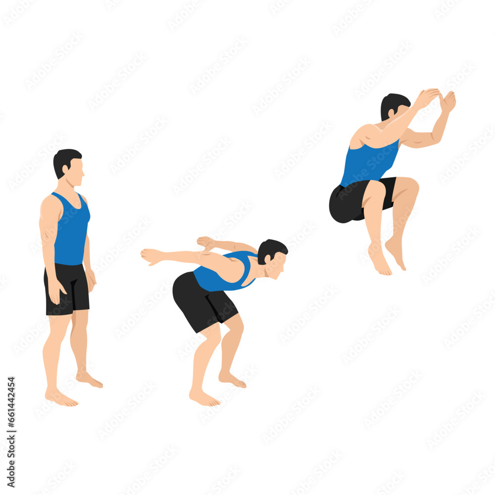 Man doing tuck jump cardio exercise. Flat vector illustration isolated on white background Man doing tuck jump cardio exercise. Flat vector illustration isolated on white background