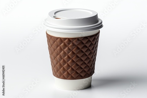 Classic white disposable coffee cup with a cardboard sleeve, Generative AI