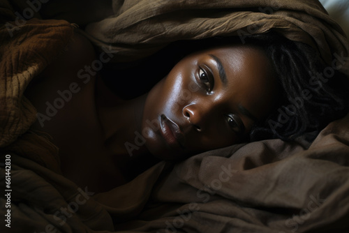 A serene woman, cocooned in a cozy blanket, gazes softly at the camera, her smooth skin and arched eyebrows conveying a sense of calm and comfort in the warm embrace of her bed photo
