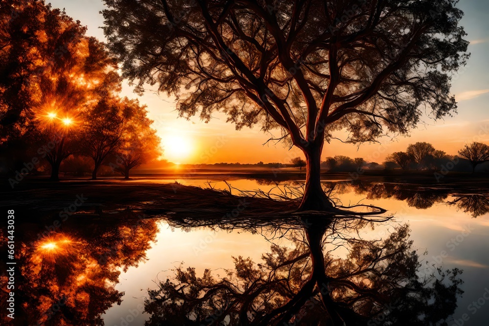 Golden Sunset Over Majestic Oak Tree
