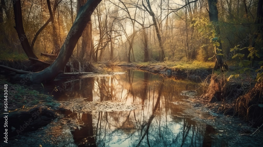 Obraz premium Enchanting Nature's Symphony: Captivating Waterways and Serene Woodlands Embracing the Seasons, generative AI
