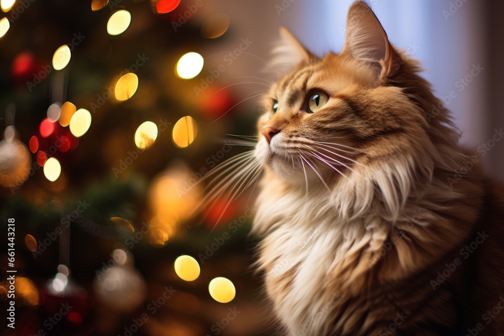 The cat is sitting near the Christmas tree close up with copy space The cat is sitting near the Christmas tree close up with copy space