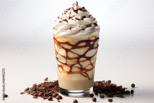 Disposable cup with an iced latte and whipped cream on top, garnished with chocolate shavings, Generative AI