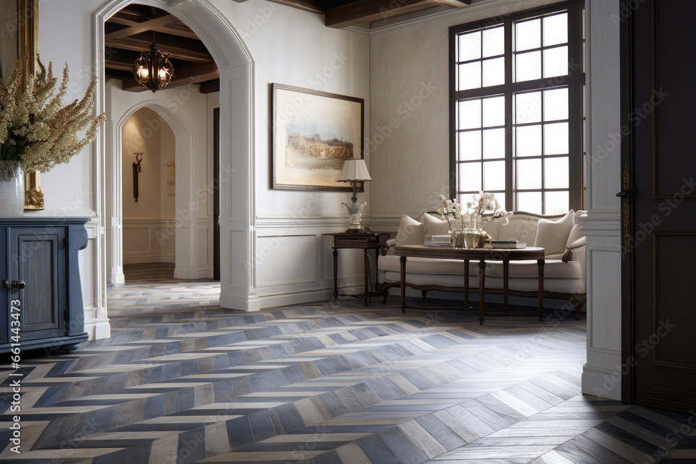 Fototapeta premium The cozy living room features a stylish coffee table, vibrant houseplant, and elegant cabinetry against the backdrop of tiled flooring and a grand ceiling, creating a warm and inviting indoor space