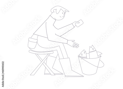 A man fishing. Illustration in line art style. Tourism, hobby, fisherman and catch