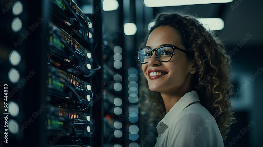 Naklejka premium Portrait of a young business woman working diligently in a data center. Digital world in female professional hands.