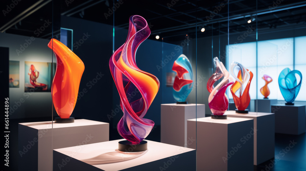 Modern art exhibition with expositions of futuristic abstract sculpture in fine art gallery museum with vibrant colors - obrazy, fototapety, plakaty 