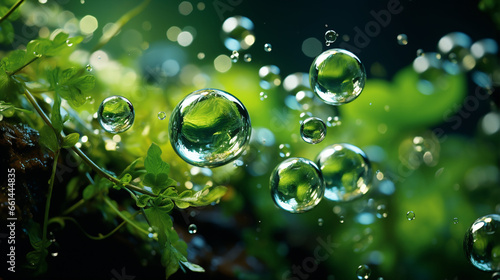 Bubbles underwater with bokeh effect. Background in green. AI generative