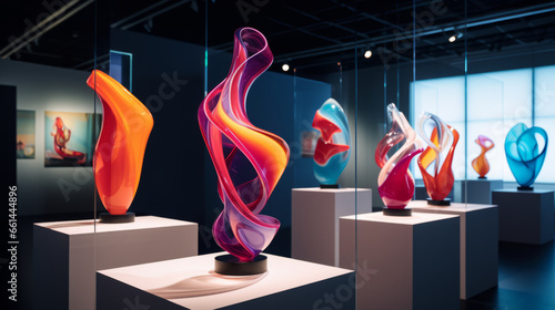 Modern art exhibition with expositions of futuristic abstract sculpture in fine art gallery museum with vibrant colors