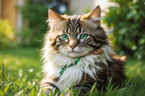 The cat looks to the side and sits on a green lawn. Portrait of a fluffy tricolor cat with green eyes in nature