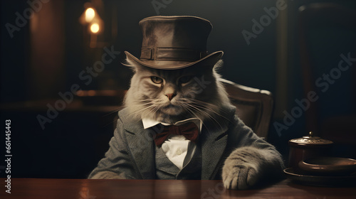 stylish cat in black suit with hat sitting on chair