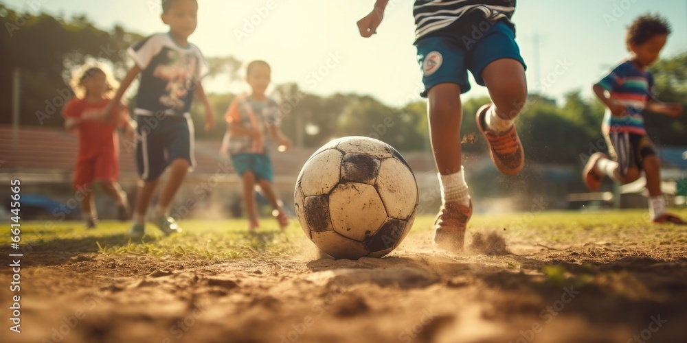 Fototapeta premium Close up of kids playing football on green pitch. Kids leg and soccer ball