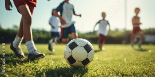 Close up of kids playing football on green pitch. Kids leg and soccer ball © RMedia