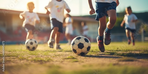 Close up of kids playing football on green pitch. Kids leg and soccer ball