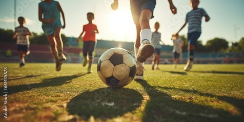 Close up of kids playing football on green pitch. Kids leg and soccer ball © RMedia