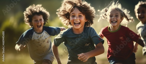 Happy kids play football. Cute child celebrate and cheers photo