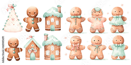 Set of Gingerbread and Ginger House watercolor Powder Pink and Light Turquoise color vectors