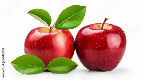  two red apples with leaves