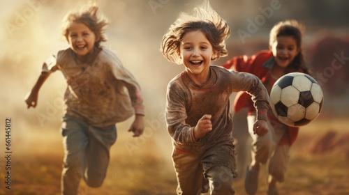 Happy kids play football. Cute child celebrate and cheers © RMedia