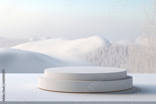 Empty round stone podium in winter background with copy space. for product display, generative ai